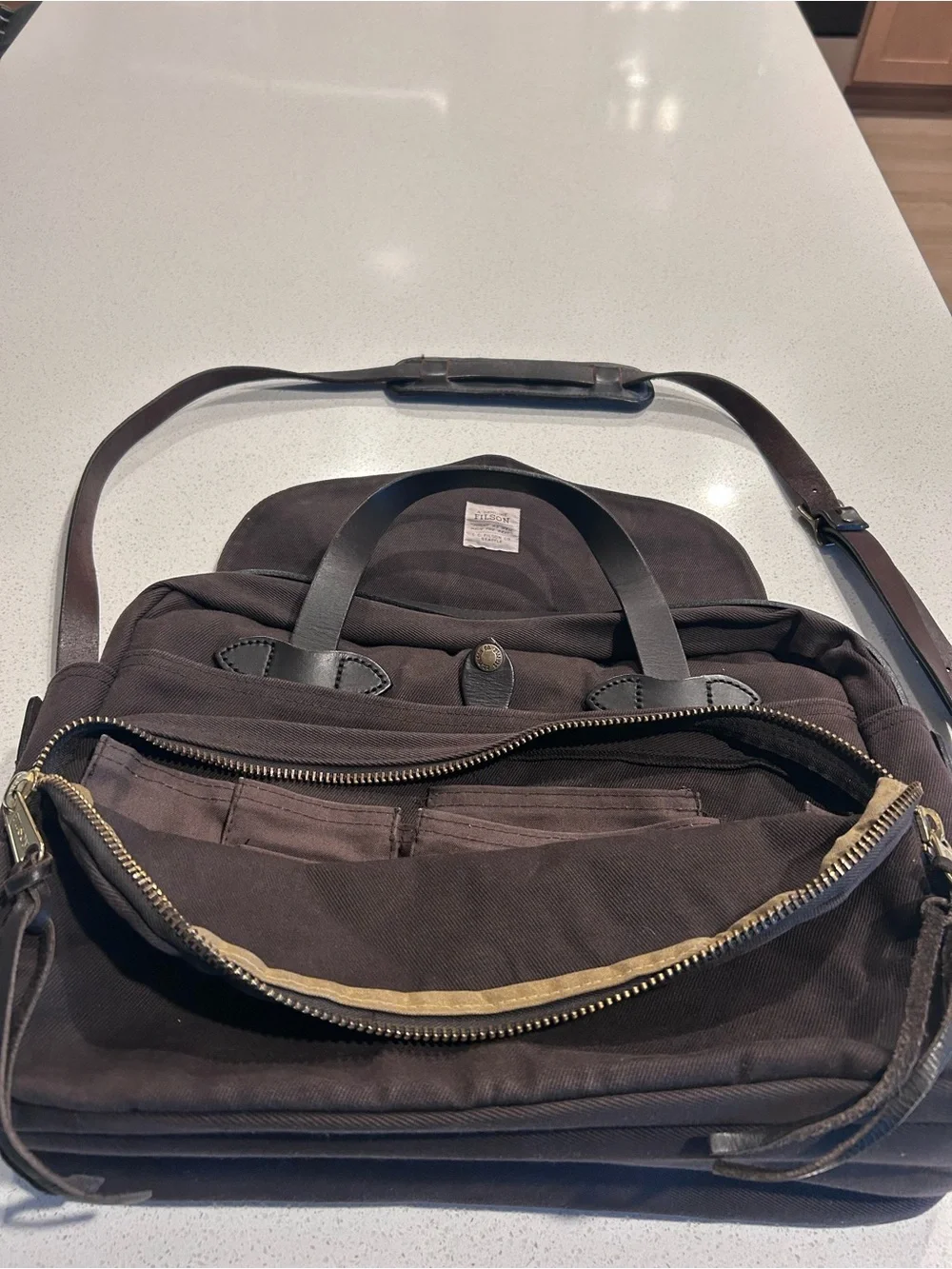 Filson Men's Brown Canvas Messenger Bag with Leather Trim